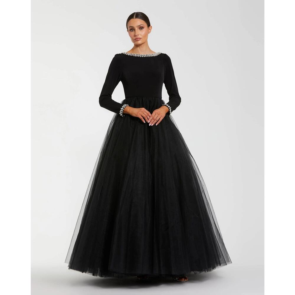 Mac Duggal 56186 Black Embellished Jersey Long Sleeve Ball Gown Tulle Sz 14 NWOT